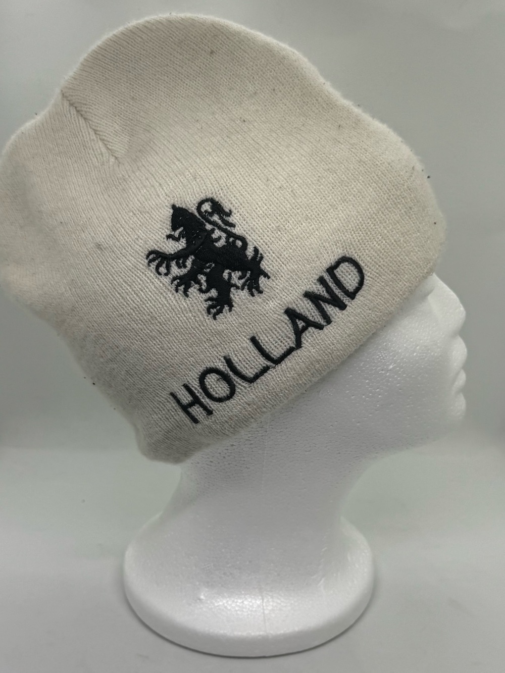 HOLLAND Embroidered Lion Knit Beanie - White with Black OSFM